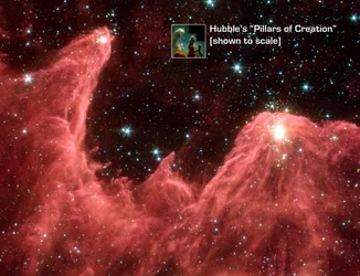 Telescópio Espacial Spitzer imagem de cores falsas de montanhas onde nascem estrelas. Apelidado de Montanhas da Criação, os imponentes pilares de gás e poeira são acesos nas pontas com luz de estrelas embrionárias. C
